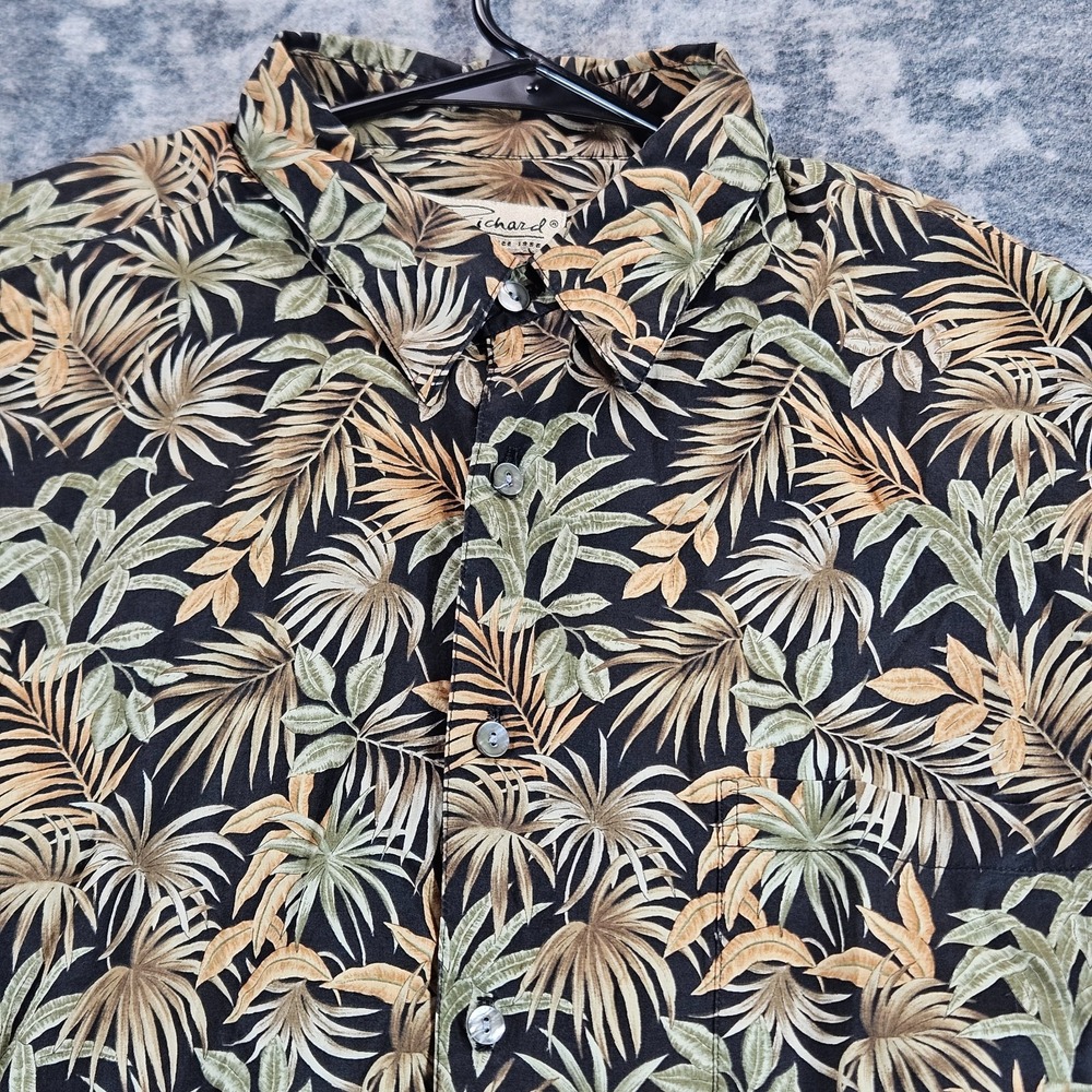 Tori Richard Mens L Black Tropical Leaf Cotton Lawn Hawaiian Button Down Shirt